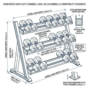 Reinforced steel weight rack designed to hold multiple pairs of 90 pound dumbbells.