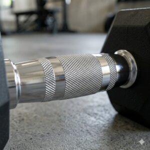 Close-up of the chrome knurled handle on an 80 lb dumbbell pair for a secure grip.