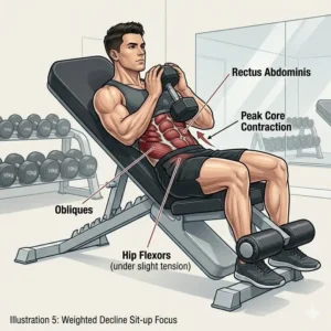 Demonstration of weighted sit-ups for core strength using the weight bench decline setting.