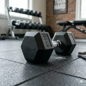 Home workout space equipped with durable 60 pound dumbbells for sale.