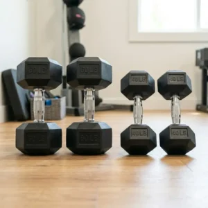 A size comparison showing 60 lb dumbbells for sale next to lighter 40 lb weight sets.