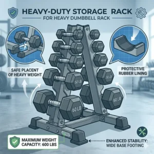 Illustration 5: An illustration of a heavy-duty A-frame storage rack designed to safely hold a 60lb dumbbell.