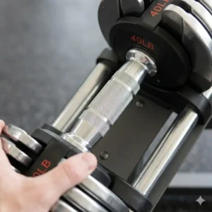 An internal schematic view showing the secure locking mechanism of the adjustable dumbbell.