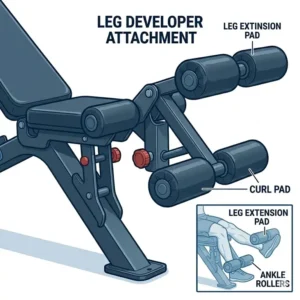 Detailed view of the leg developer and extension attachment on an incline adjustable bench.