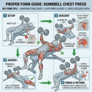 Step-by-step instructional guide on maintaining proper form for chest presses using a dumbbell set with bench.