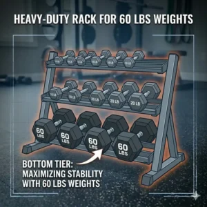 A sturdy home gym storage rack designed to hold heavy equipment like these 60 lbs weights.