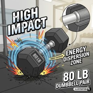 Graphic showing the durable rubber casing and impact resistance of an 80 lb dumbbell pair.