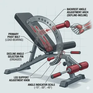 Detailed view of the angle adjustment pin and locking system on a high-quality weight bench decline.