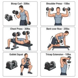 A fitness infographic showing a user performing a shoulder press with the 40lb adjustable dumbbell.