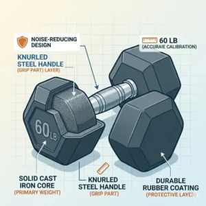 Illustration 6: A four-step workout sequence showing the proper range of motion for a bench press with a 60lb dumbbell.