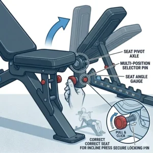 Close-up of the secure locking pin and seat adjustment on an incline adjustable bench.