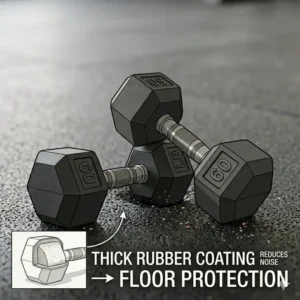 Illustration 6: Visual size comparison between a standard weight and a heavy 60 lb dumbbell pair.