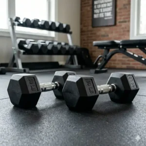 Size comparison of professional grade 60 pound dumbbells for sale in a gym.