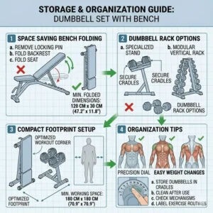 Infographic demonstrating space-saving storage and organization tips for a dumbbell set with bench.