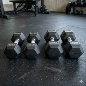 Side-by-side comparison of an 80 lb dumbbell pair next to a smaller weight set.