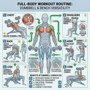 Comprehensive full-body workout routine featuring multiple exercises performed with a dumbbell set with bench.