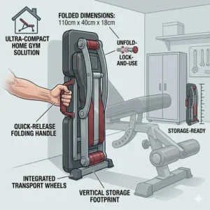 Illustration of the ultra-compact folding and storage features of a portable weight bench decline.