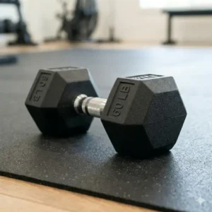 The anti-roll hexagonal shape of these 60 lb dumbbells for sale ensures safety during floor exercises.