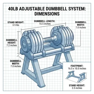 A diagram providing precise product dimensions and storage size for the 40lb adjustable dumbbell.