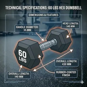 Technical blueprint revealing the exact measurements and grip diameter of standard 60 lbs weights.