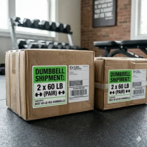 Securely packaged boxes containing a pair of 60 pound dumbbells for sale ready for shipping.