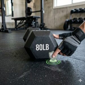 An 80 lb dumbbell pair resting on a mat demonstrating its anti-roll hex shape.