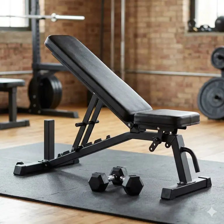 A versatile adjustable incline flat bench in a modern home gym setting, shown in its upright position.