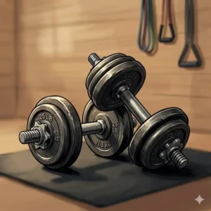 Close-up of the knurled metal handle on a cast iron dumbbell for a secure grip.