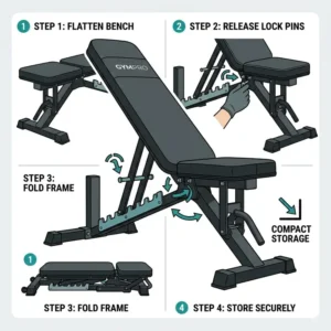 A diagram showing the compact storage and easy folding mechanism of an adjustable folding weight bench.