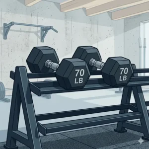 A vector illustration of a pair of 70 lb dumbbell weights on a rack.