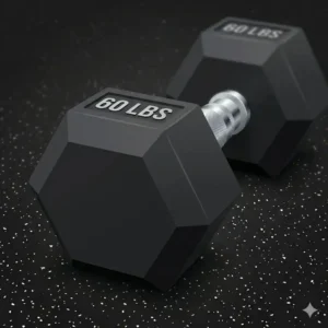 A close-up illustration of hexagonal 60 lbs dumbbells with a contoured chrome handle.