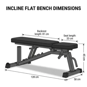 Technical diagram showing the height, width, and length dimensions of a standard incline flat bench.