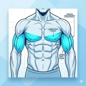 Illustration highlighting the lower pectoral muscles and triceps targeted when using a decline workout bench.
