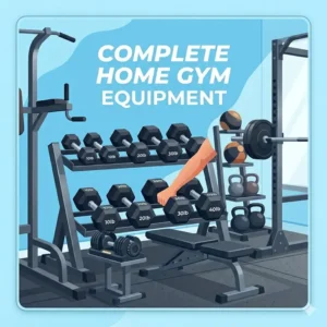Heavy-duty steel three-tier dumbbell weight set and rack holding rubber hex dumbbells in a home gym.