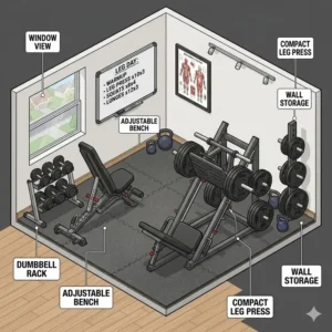 An isometric floor plan illustration showing a space-saving layout for a compact home gym with leg press machine in the corner.