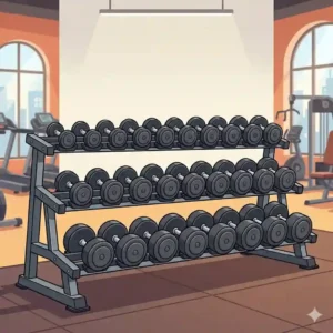 An illustration showing a compact, vertical A-frame dumbbell rack with weights, highlighting its space-saving footprint for small home gym areas.