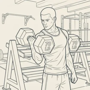 A line art drawing of a person performing bicep curls with a 70 lb dumbbell.