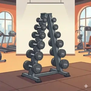 A close-up illustration of an angled dumbbell rack with weights, demonstrating the ergonomic design for easier loading and unloading and enhanced safety.