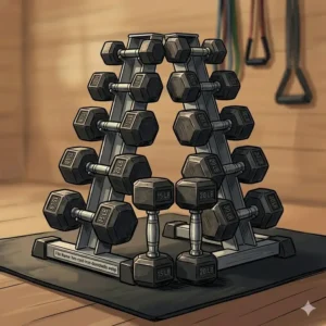 Hexagonal cast iron dumbbells stacked neatly on an A-frame storage rack.