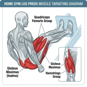 A medical illustration highlighting the quadriceps, glutes, and hamstrings targeted during a home gym with leg press workout.