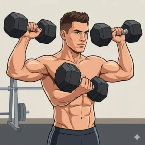 An athlete performing a standing bicep curl using 60 lbs dumbbells to build arm muscle.