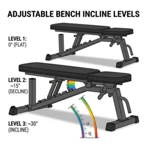 Illustration highlighting the different seat and backrest angles available on an adjustable incline flat bench.