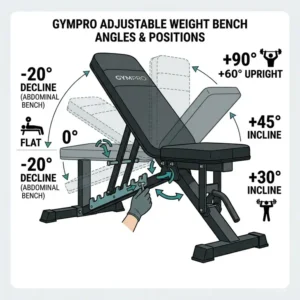 Illustration of the multiple incline and decline backrest angles on an adjustable folding weight bench.