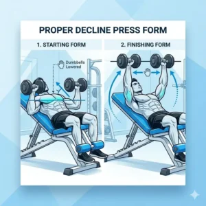 A diagram showing the correct starting and finishing arm positions for a chest press on a decline workout bench.