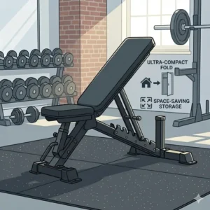Space-saving storage design of a compact adjustable bench for sale.