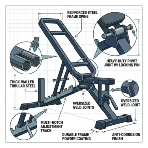 Technical drawing highlighting the heavy-duty steel frame and durability of an adjustable folding weight bench.
