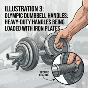 Heavy-duty olympic dumbbell handles being loaded with iron plates for strength training.