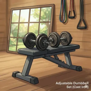 An organized home gym setup featuring a full set of adjustable cast iron dumbbells.
