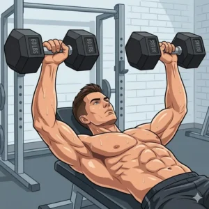 A fitness enthusiast doing a flat bench press with a pair of 60 lbs dumbbells in a home gym.