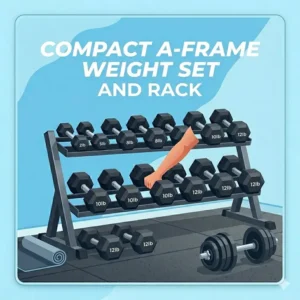 Olympic barbell weight set and rack tree organizer with heavy-duty black bumper plates.